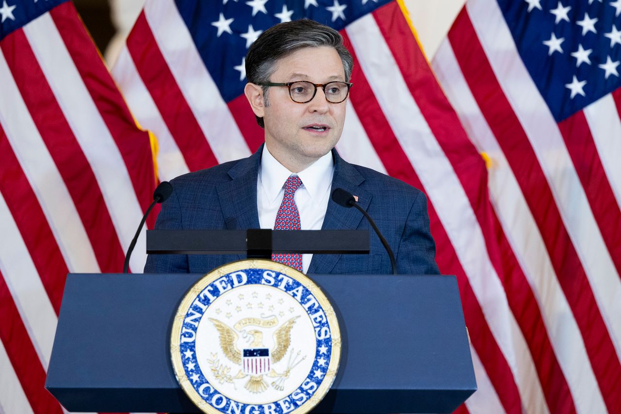 House Speaker Mike Johnson speaks in Washington, DC, on April 10. 