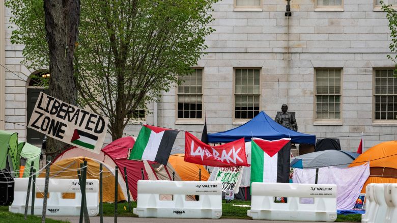 Tents and signs in the Pro-Palestinian encampment are seen on Harvard Yard at Harvard University in Cambridge, Massachusetts, on Sunday, May 5.