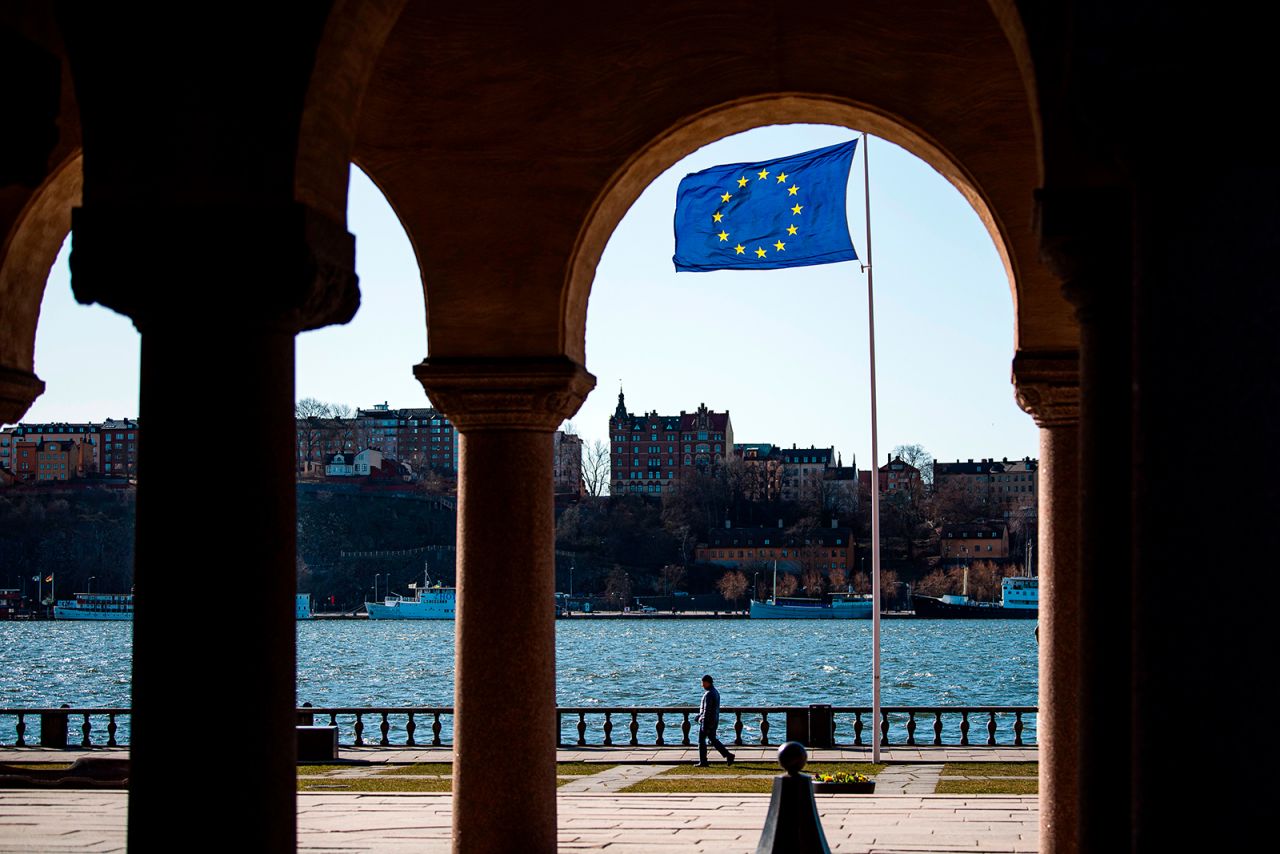 The European Union flag flying on April 2, at Stockholm's city hall.