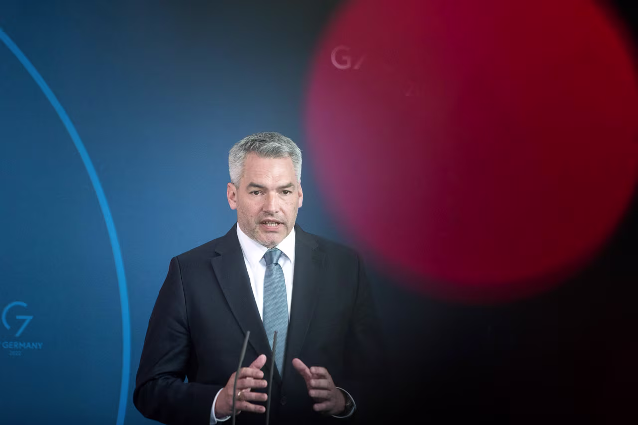 Austrian Chancellor Karl Nehammer addresses a joint press conference in Berlin on March 31.