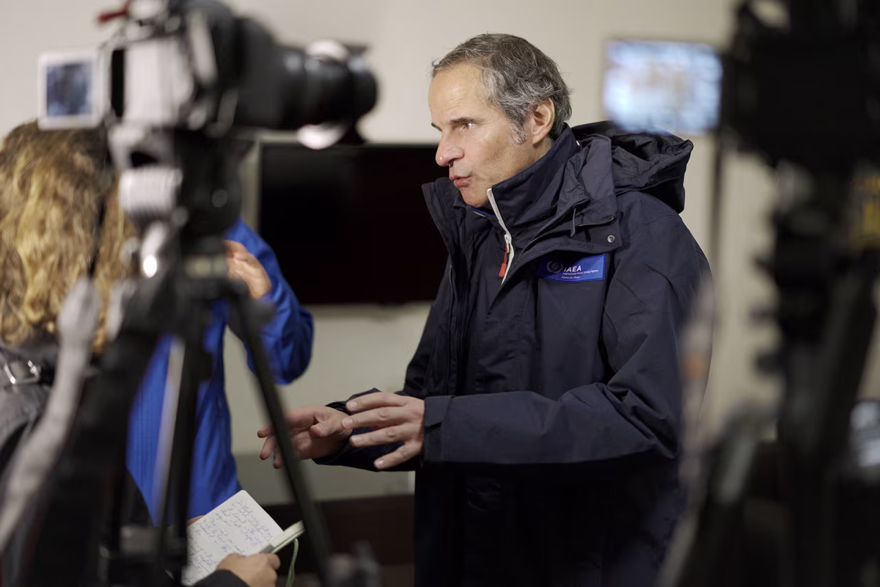 The International Atomic Energy Agency's General Director Rafael Grossi addressing the media on the results of his visit to the Zaporizhzhia Nuclear Power Plant in Dnipro, Ukraine, on March 29.