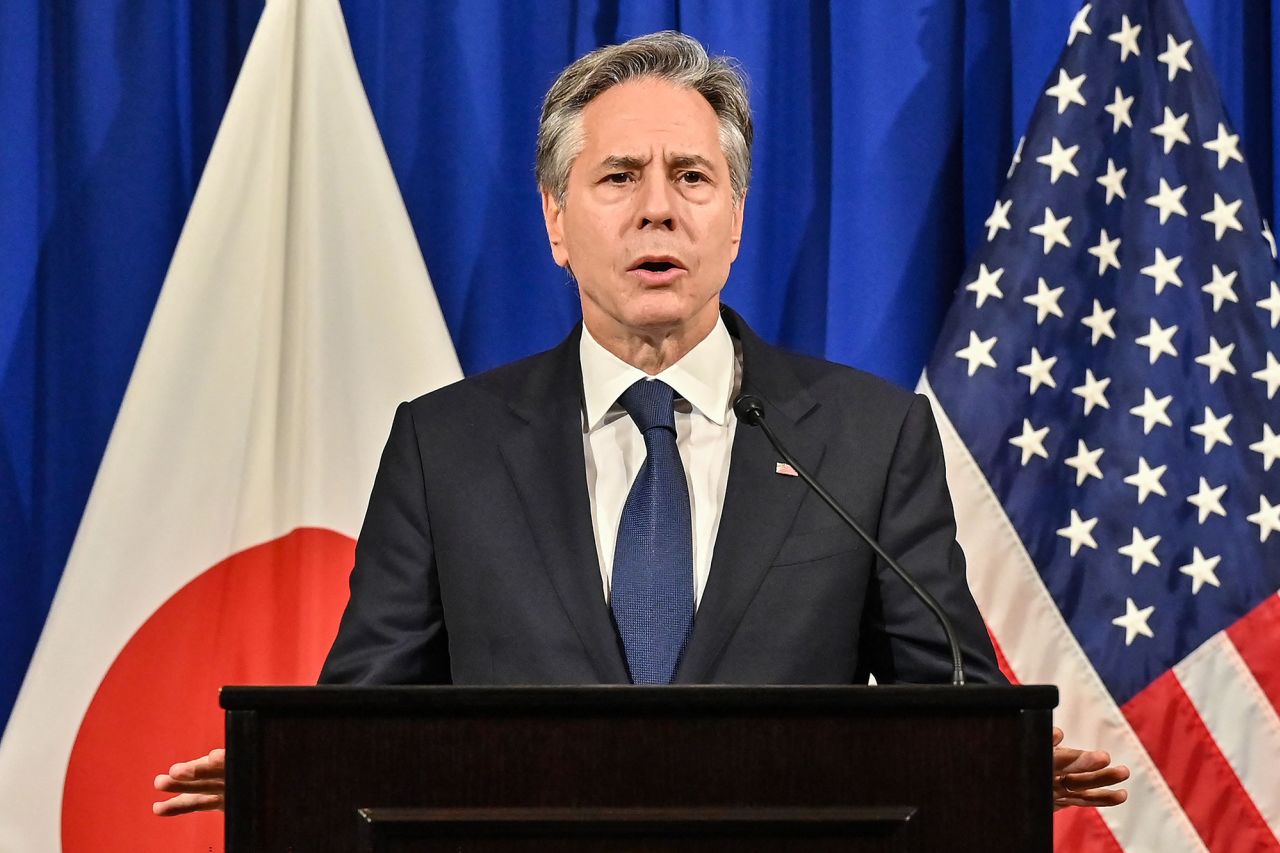 US Secretary of State Antony Blinken attends a press conference at the Okura Hotel in Tokyo, Japan, on November 8.