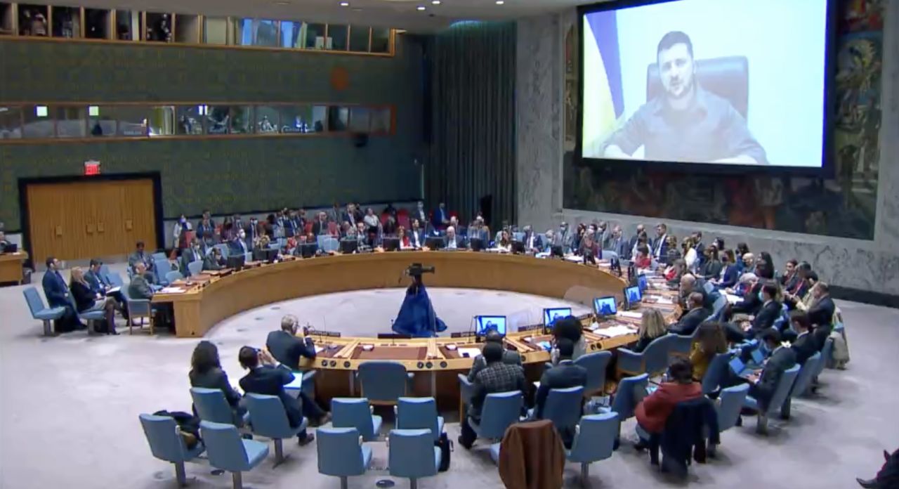 Ukrainian President Volodymyr Zelensky addressing the United Nations Security Council in New York City on April 5.
