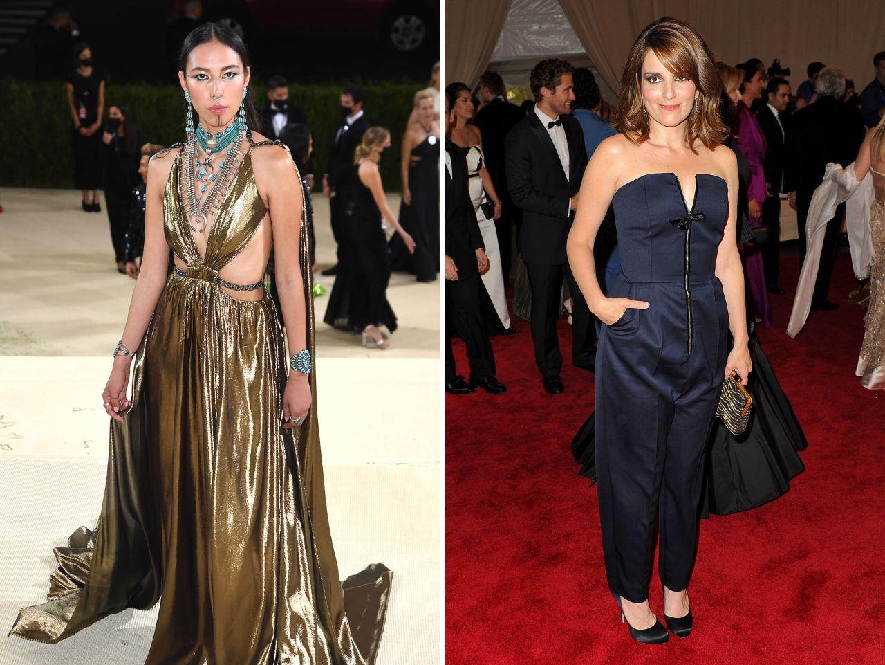 Quannah Chasinghorse, left, at the Met Gala in 2021, and Tina Fey at the Met Gala in 2010. 