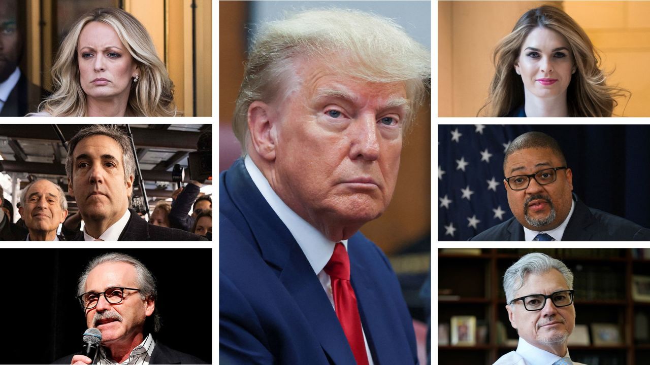 This composite image shows former President Donald Trump (center), Stormy Daniels (top left), Michael Cohen (middle left), David Pecker (bottom left), Hope Hicks (top right), Alvin Bragg (middle right) and Judge Juan Merchan (bottom right).