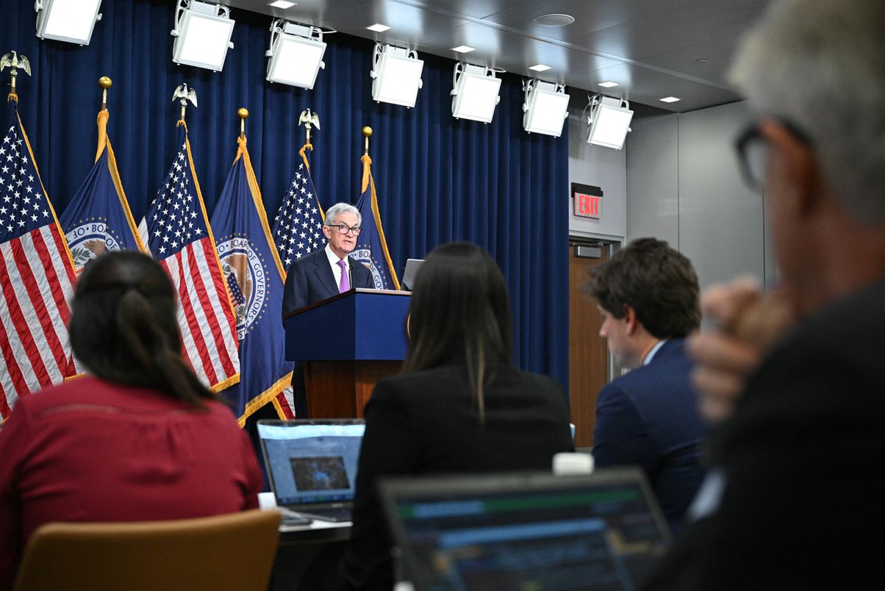 US Federal Reserve Chairman Jerome Powell holds a press conference in Washington, DC, on September 20, 2023. The US Federal Reserve voted Wednesday to keep interest rates at a 22-year high, between 5.25 percent and 5.50 percent while forecasting an additional rate hike before the end of the year to bring down inflation. 