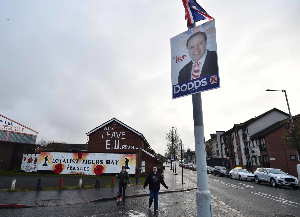 An election poster features Nigel Dodds in north Belfast on December 12. Photo: Charles McQuillan/Getty Images