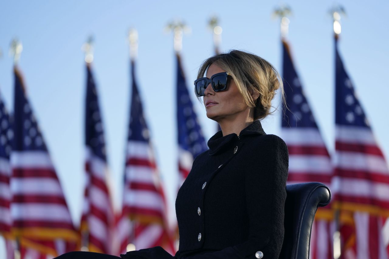 First lady Melania Trump speaks before boarding Air Force One at Joint Base Andrews in Maryland on January 20.