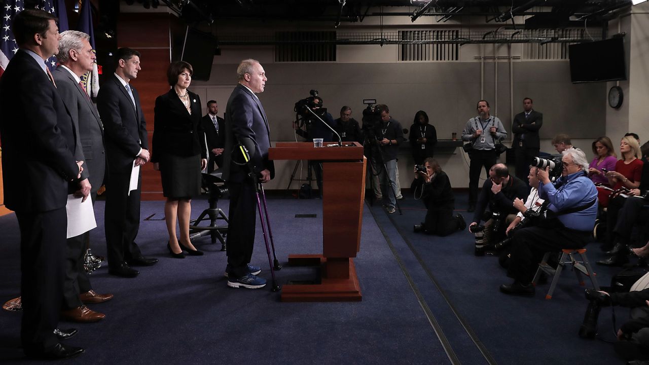 House Majority Whip Steve Scalise joins fellow House Republican leaders during a news conference at the U.S. Capitol on November 7, 2017, approximately five months after he was wounded by a shooter at a congressional baseball practice.