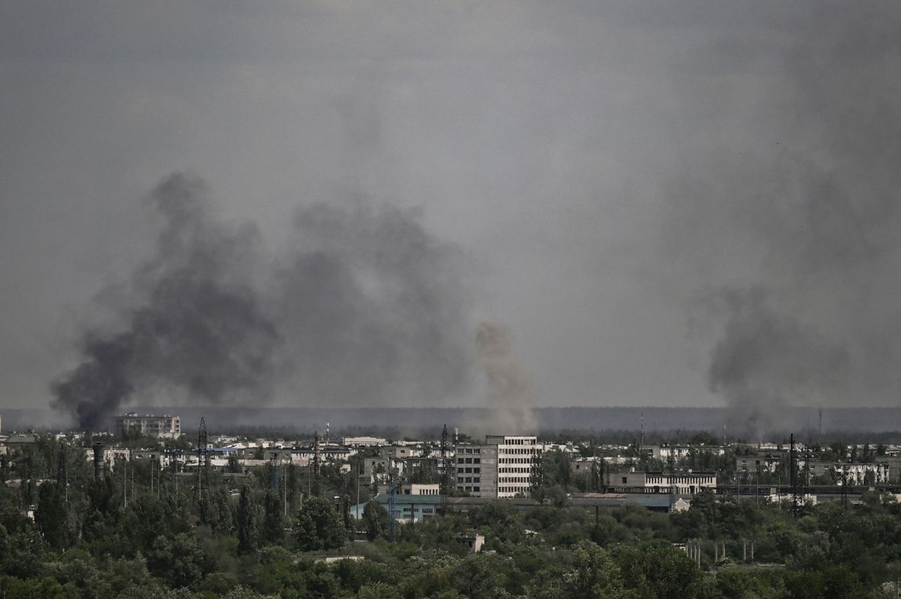 Smoke and dirt rise from the city of Severodonetsk, during shelling in the eastern Ukrainian region of Donbas, on May 26.