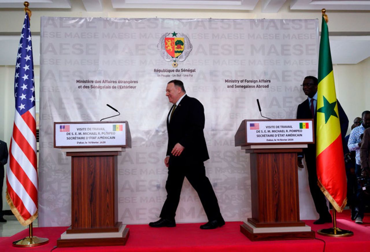 US Secretary of State Mike Pompeo (L) and Senegal's Foreign Affairs minister Amadou Ba arrive to hold a press conference at the Presidential Palace in Dakar on February 16.