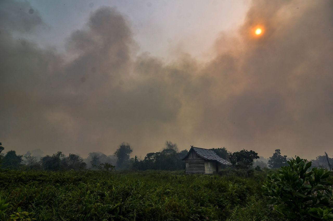 Thick smoke from a forest fire nearly covers the sun over Pekanbaru in Riau province on September 18, 2019.