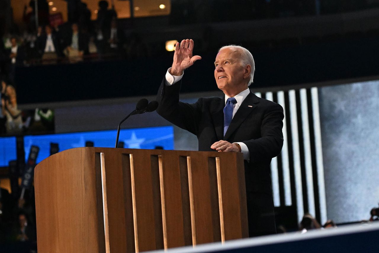 President Joe Biden takes the stage on Monday, August 19, during the DNC in Chicago.