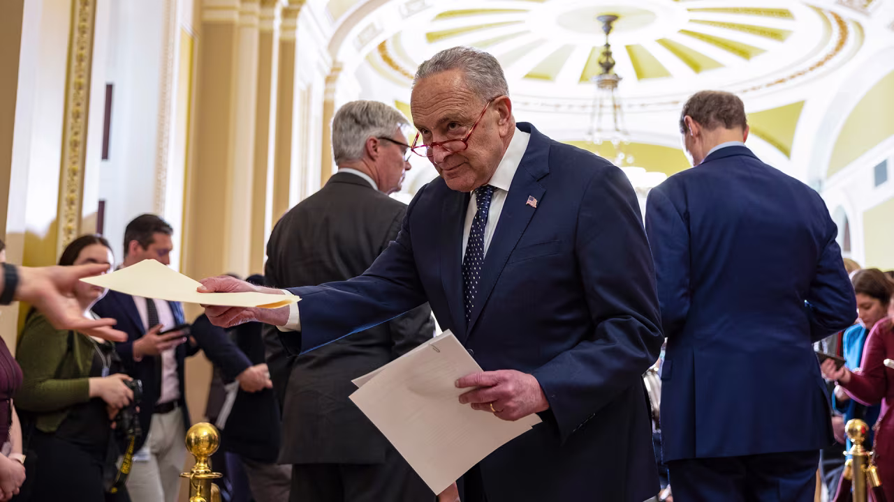 Senate Majority Leader Chuck Schumer speaks to the press after their weekly luncheons at the US Capitol on April 26 in Washington, DC.