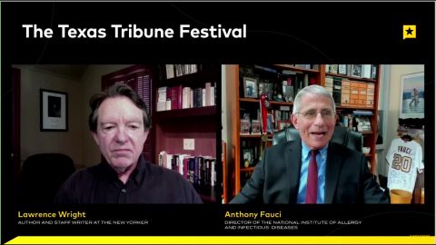Lawrence Wright, staff writer at the New Yorker, speaks to Dr. Anthony Fauci during the Texas Tribune Festival. 