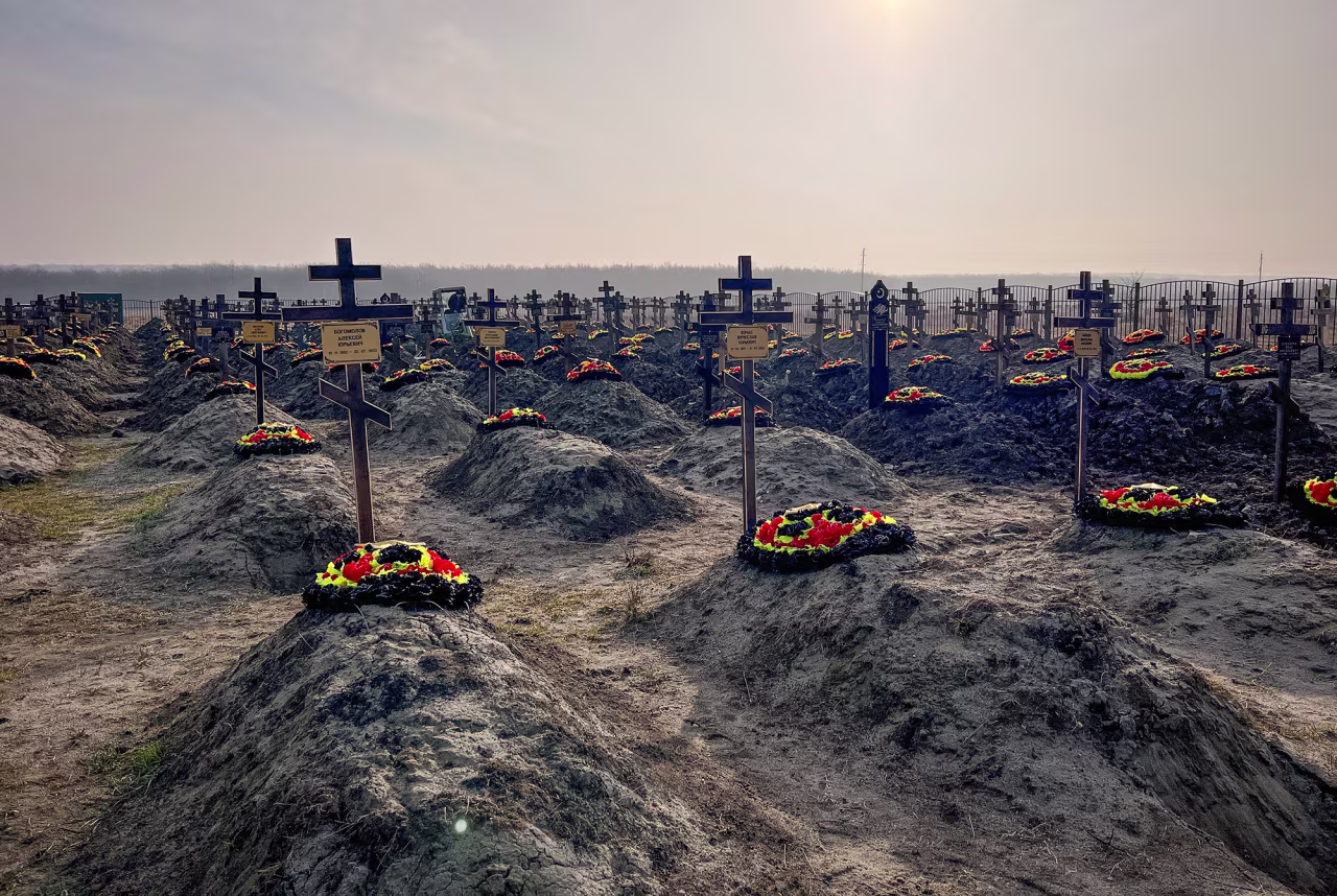 Graves of Russian Wagner mercenary group fighters are seen in a cemetery near the village of Bakinskaya in Krasnodar region, Russia, on January 22.