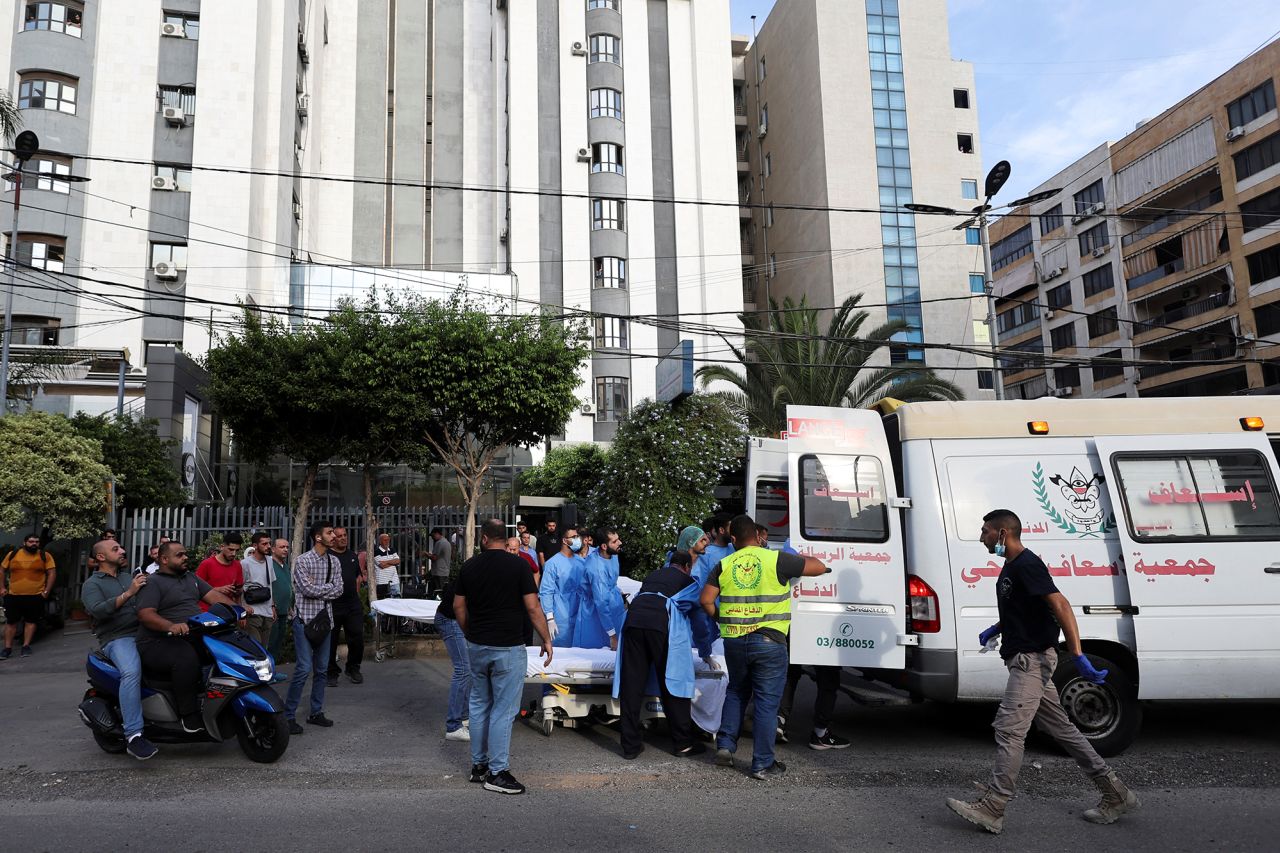 An ambulance arrives at a hospital after an Israeli strike in the southern suburbs of?Beirut, Lebanon, on September 20.