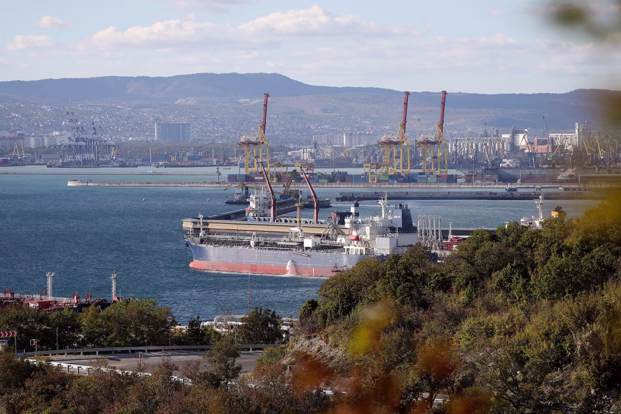 An oil tanker is moored at the Sheskharis complex, part of Chernomortransneft JSC in Novorossiysk, Russia, in October.