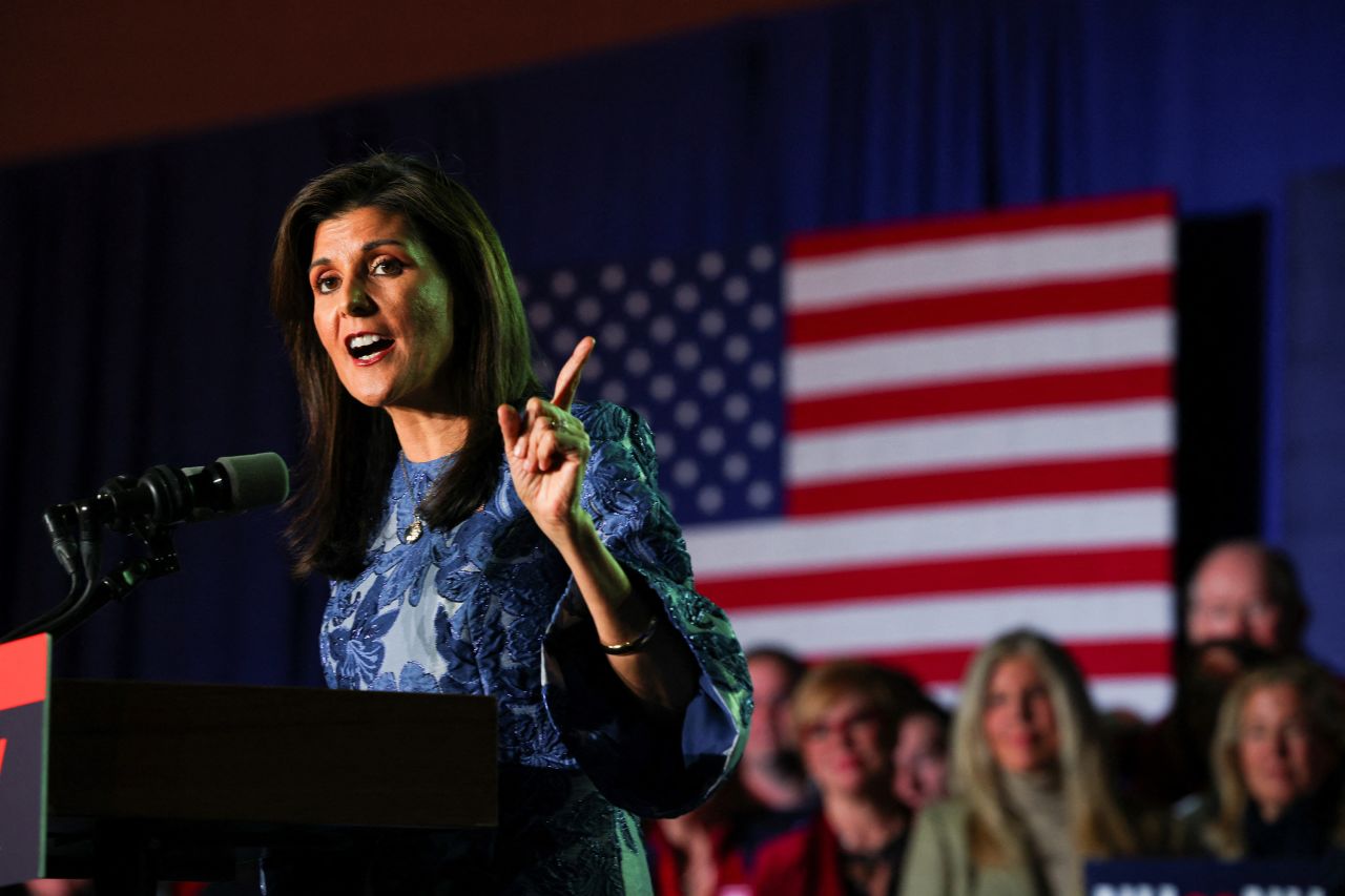 Nikki Haley speaks during her New Hampshire primary election night rally in Concord, New Hampshire.