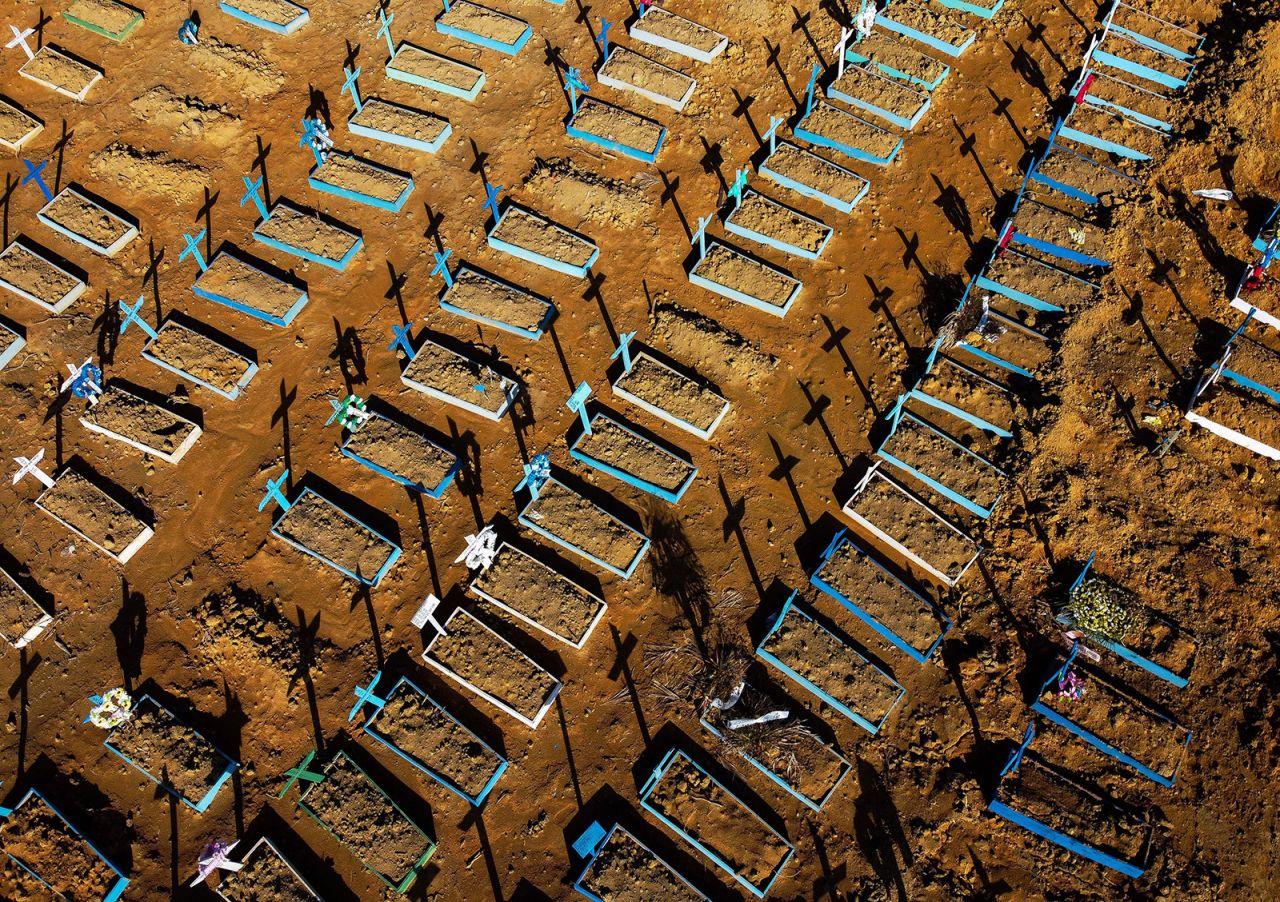 Aerial view showing graves in the Nossa Senhora Aparecida cemetery in Manaus, Brazil on June 21.