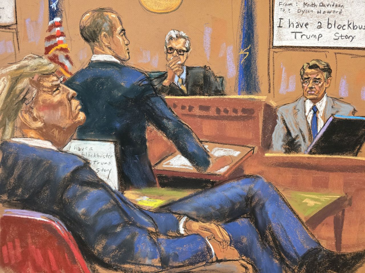 In this courtroom sketch, prosecutors ask Keith Davidson, right, another round of questions after the defense completed cross-examination on Thursday, May 2. 
