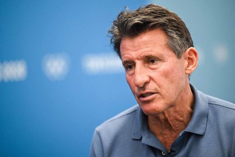 World Athletics chief Sebastian Coe speaks to reporters in Tokyo on July 27.