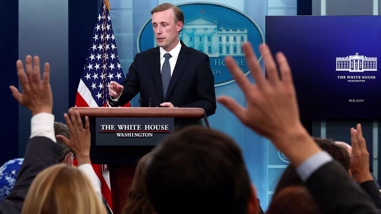 White House National security advisor Jake Sullivan talks to reporters during a news conference in the Brady Press Briefing Room at the White House on July 11 in Washington, DC. 
