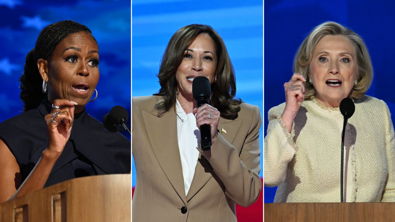 (From left to right) Former first lady Michelle Obama, Vice President Kamala Harris, and former United States Secretary of State Hillary Clinton.