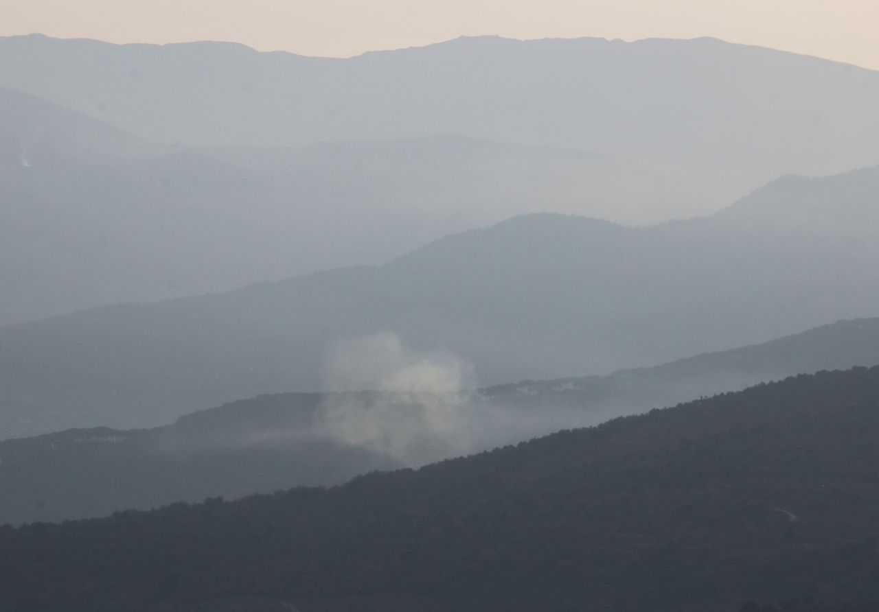 Smoke rises from the?Shebaa farms area as seen from the Lebanese village of Rashaya al-Foukhar, in southern Lebanon, on October 8, 2023.