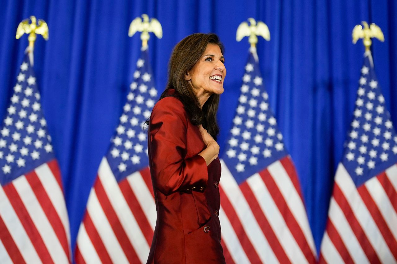 Nikki Haley arrives to speaks to supporters after the South Carolina presidential primary on Saturday in Charleston.