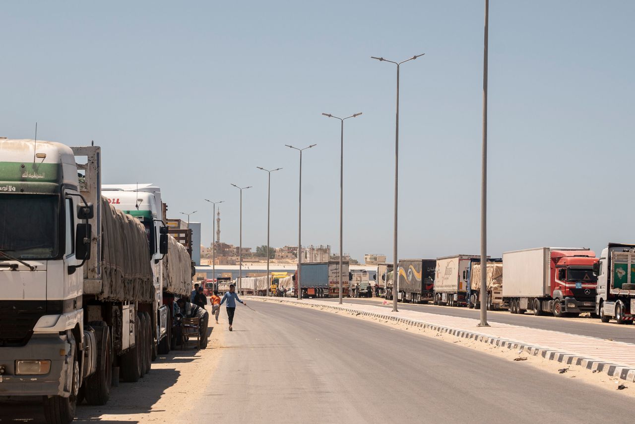 Aid trucks loaded with supplies for Gaza are queued in Arish, Egypt, on May 8. 