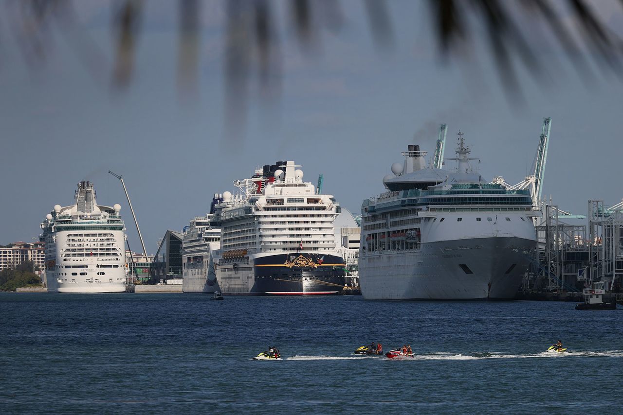 Cruise ships dock at PortMiami in Miami, Florida, on May 26.