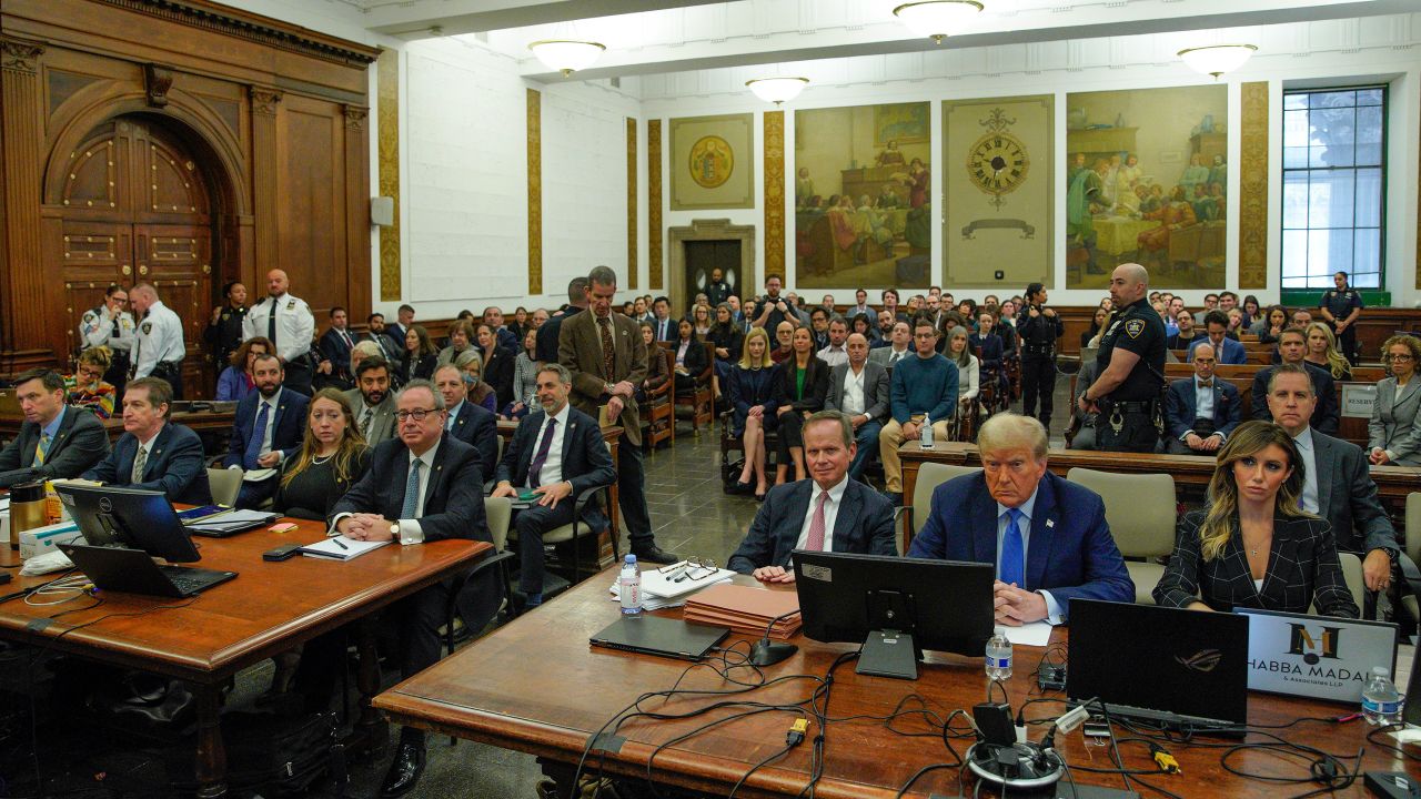 Flanked by his attorneys Chris Kise, left, and Alina Habba, former President Donald Trump waits to take the witness stand at New York Supreme Court on Monday.