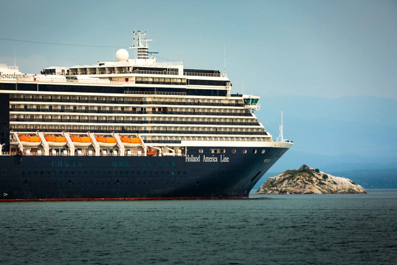 The Holland America Westerdam cruise ship is pictured passing through Glacier Bay, Alaska in July 2019.