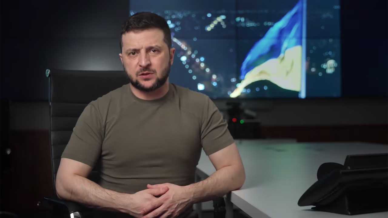 Ukrainian President Volodymyr Zelensky speaks during a video address on Friday April 1. 
