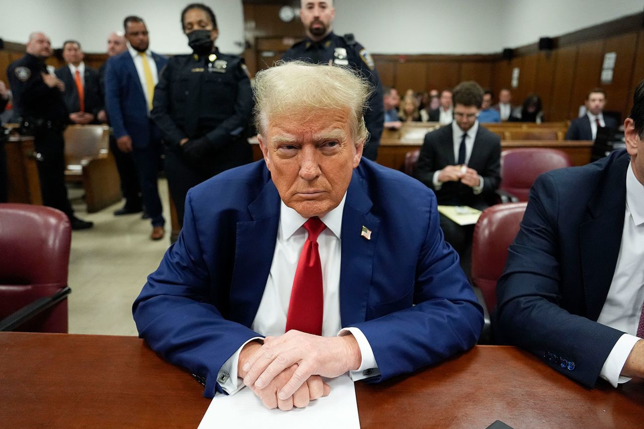 Former President Donald Trump awaits the start of proceedings in his trial at Manhattan criminal court, Monday, May 6.
