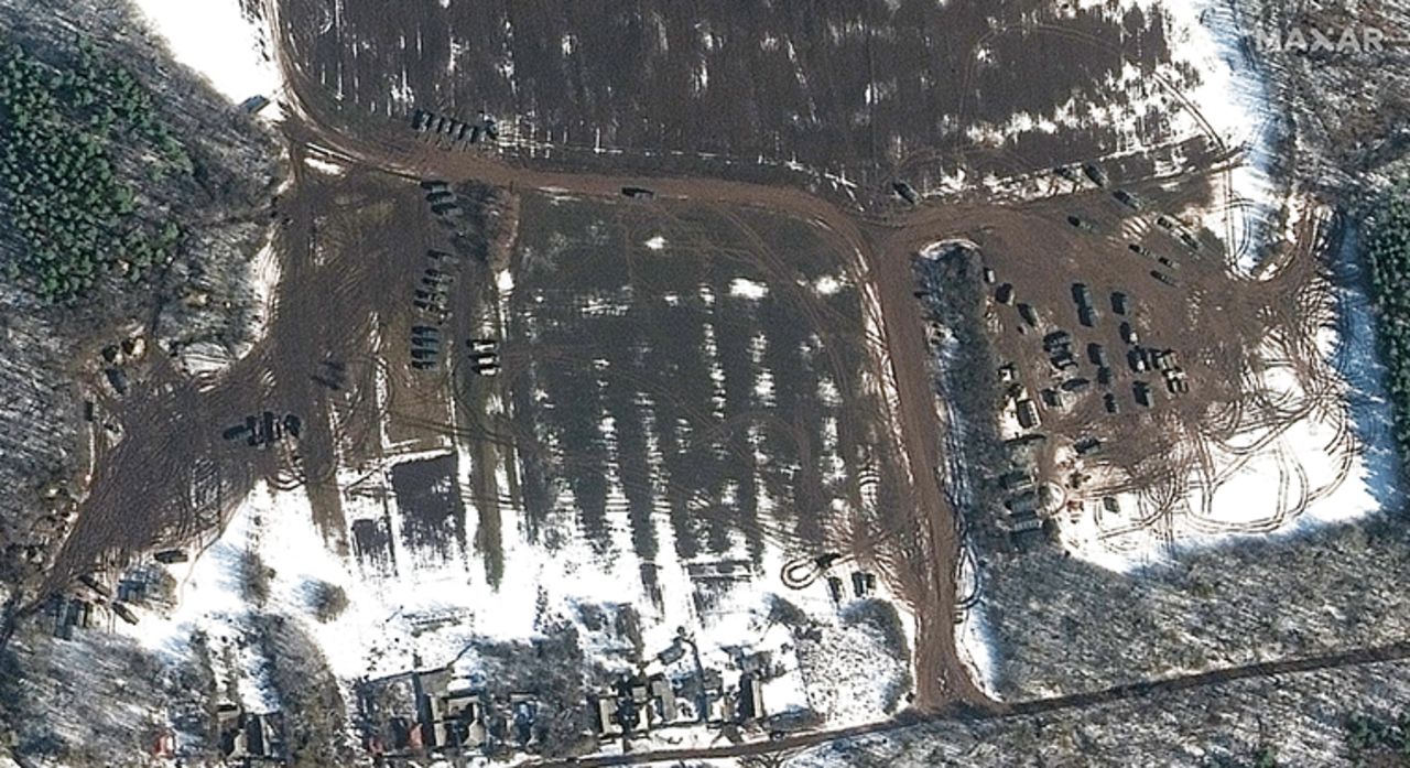 The images released by Maxar show field deployment and military convoys in and around Golovchino, approximately 10 miles north of the border with Ukraine.