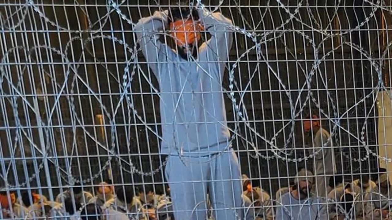 A leaked photograph of an enclosure where detainees in gray tracksuits are seen blindfolded and sitting on paper-thin mattresses. CNN was able to geolocate the hangar in the Sde Teiman facility. 