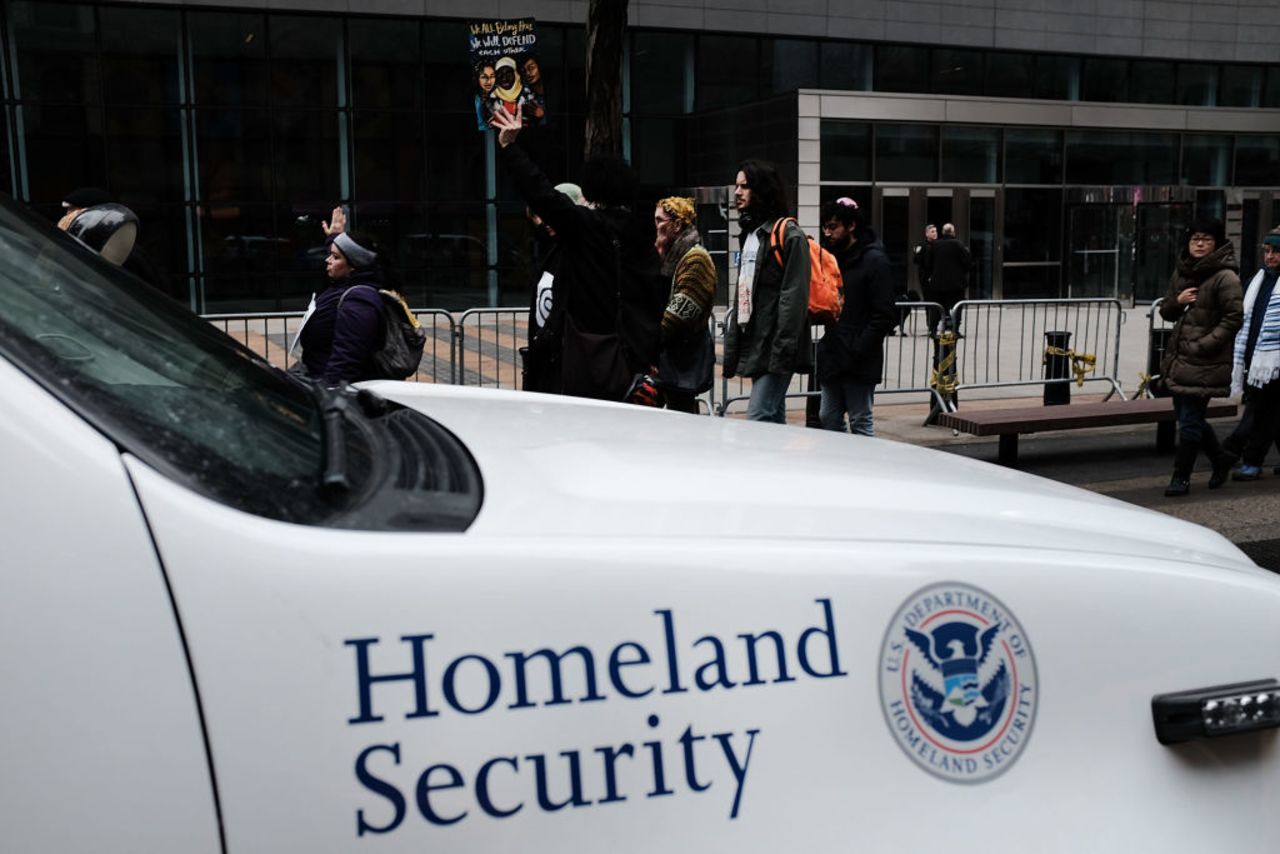 In this Jan. 11, 2018 photo, a Homeland Security vehicle can be seen outside a federal building in New York City during a protest.