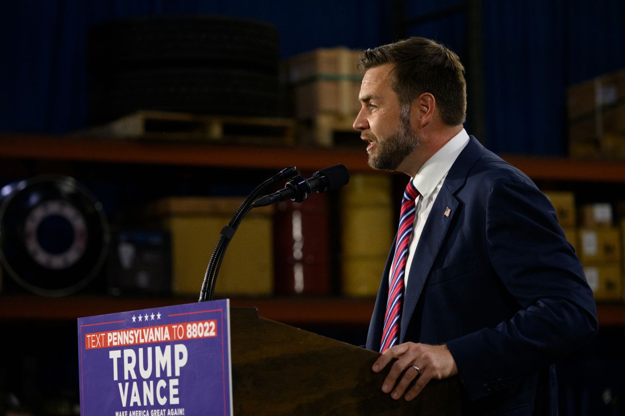 JD Vance speaks at a rally in Erie, Pennsylvania on August 28.