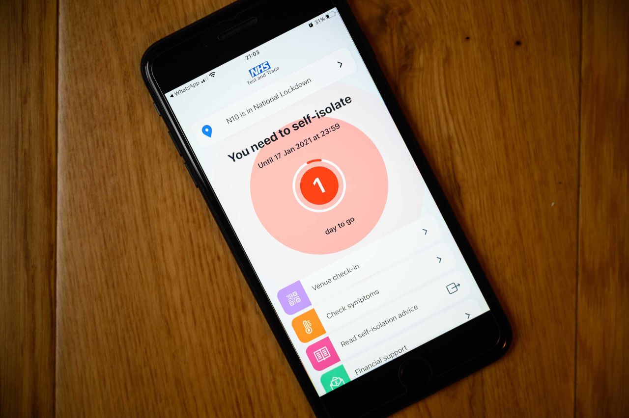 An alert on the NHS Covid-19 Test and Trace app is seen on January 18, in London.