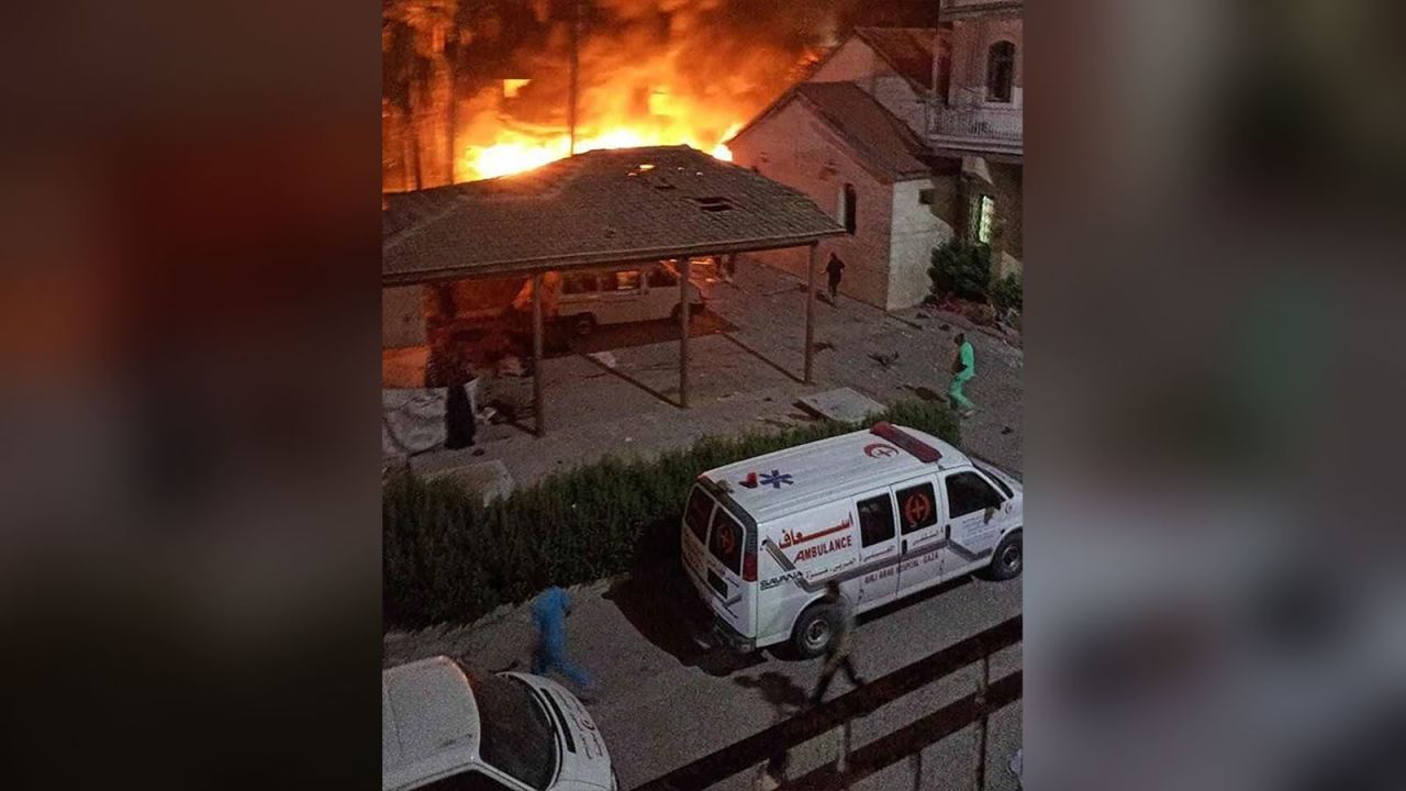 Fire in the vicinity of the Al-Ahli Baptist Hospital following what Palestinian officials are saying was an Israeli strike. 