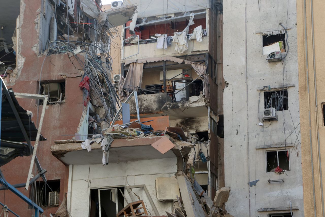 A view shows a damaged building the day after an Israeli strike in Beirut's southern suburbs, on July 31.