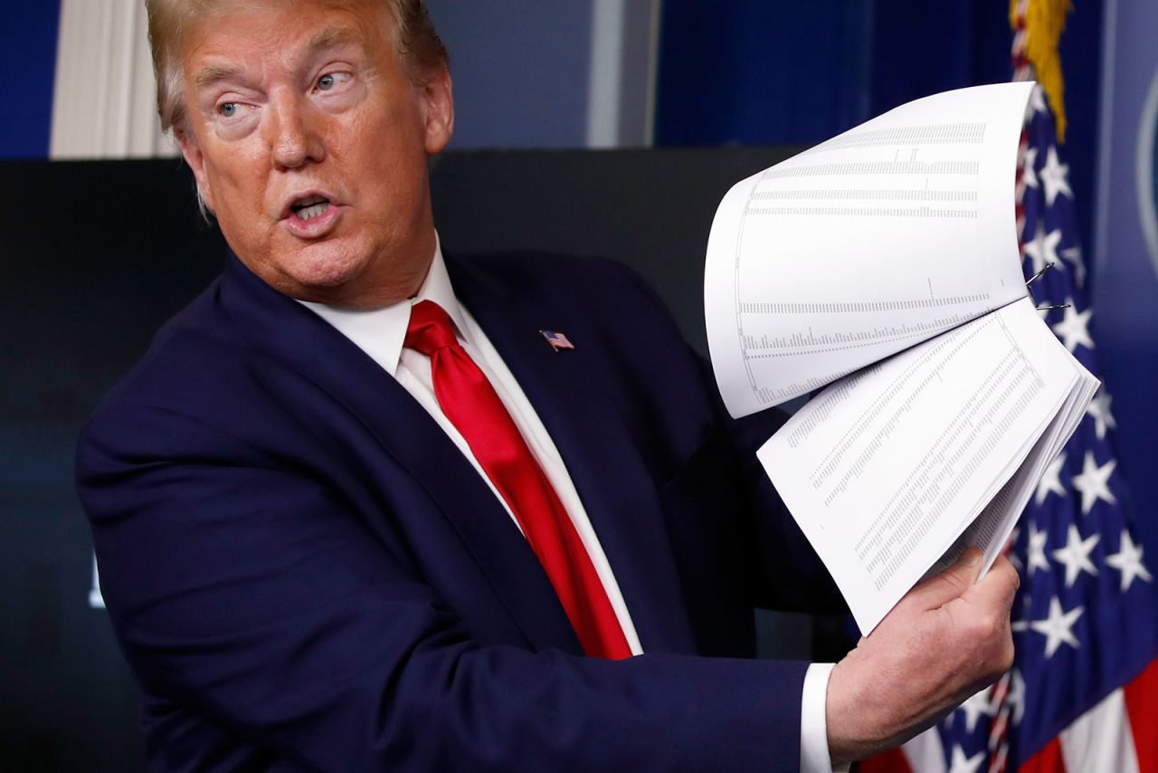 US President Donald Trump holds up papers as he speaks about the coronavirus in the James Brady Press Briefing Room of the White House in Washington on April 20.