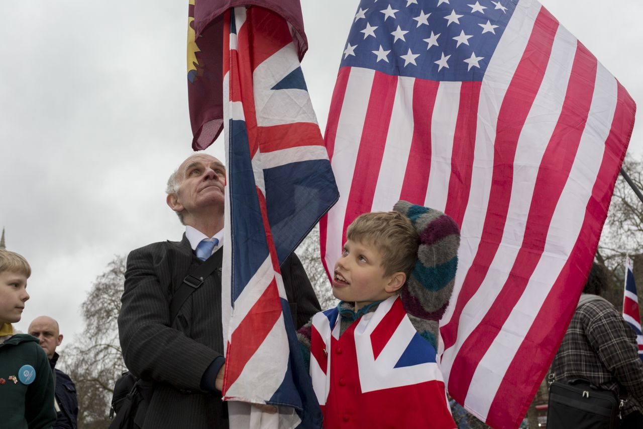 A young Brexiteer celebrates in Westminster on Friday. 