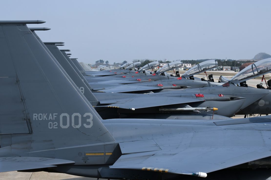 Fighter jets are lined up during the joint US-South Korea exercise Korea Flying Training 2024.