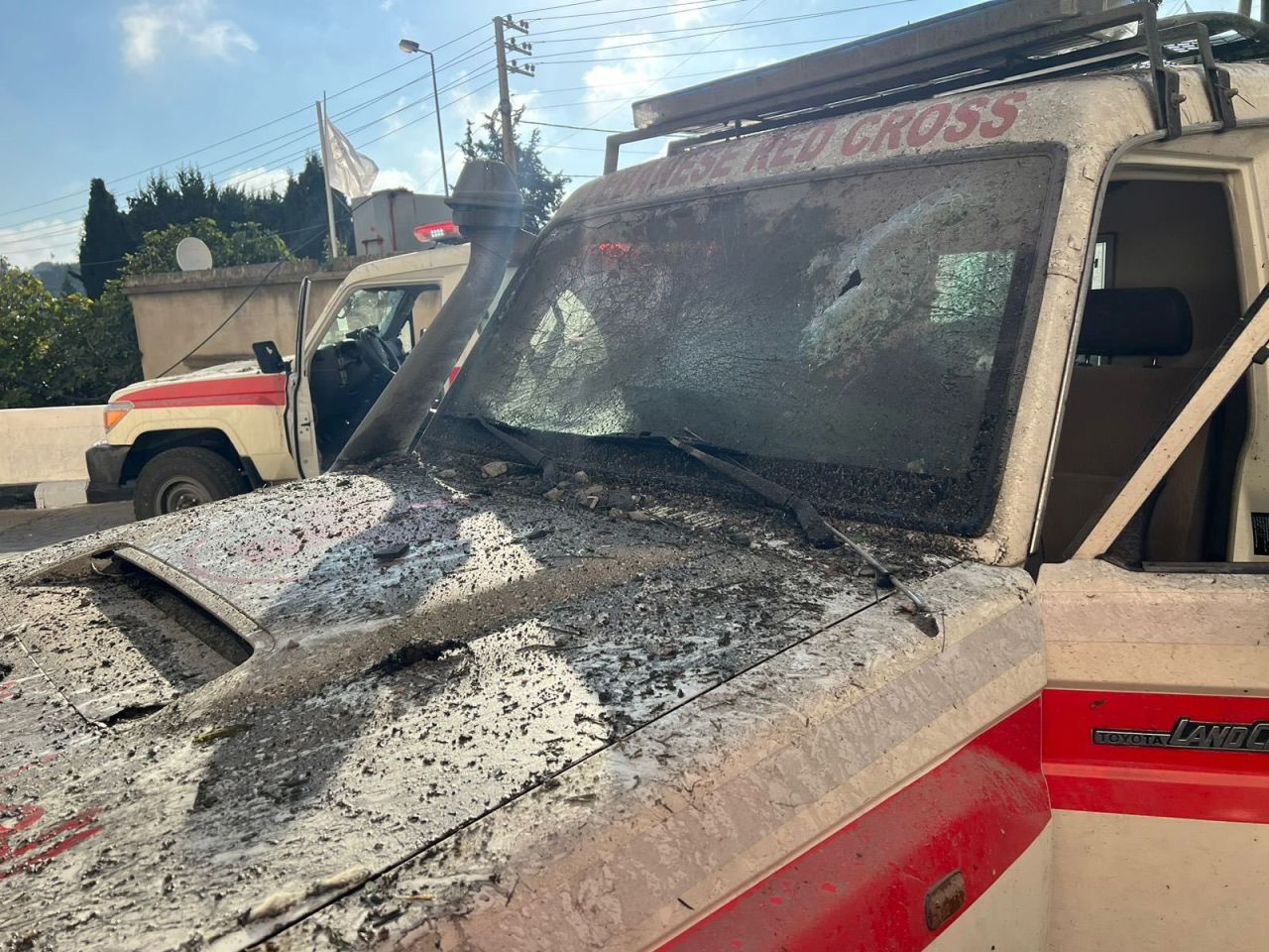 A damaged vehicle, following a double Israeli airstrike that injured four Lebanese Red Cross volunteers in Srebbine, southern Lebanon, on October 13, 2024.