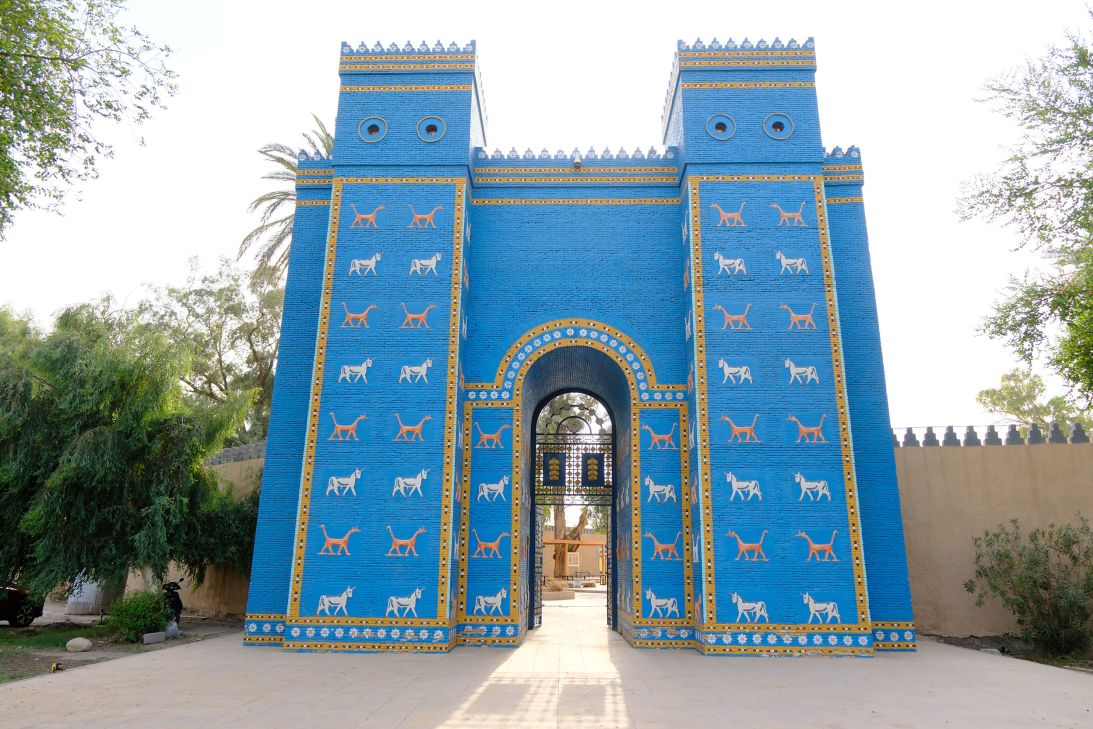 Recreation of the magnificent Ishtar Gate in Babylon - a towering masterpiece of ancient architecture. This huge burnt brick gateway, decorated with blue glass tiles and dragons and bulls, once proudly standing on the main boulevard of the legendary city. A symbol of Babylonian grandeur during the reign of Nebuchadnezzar II.
