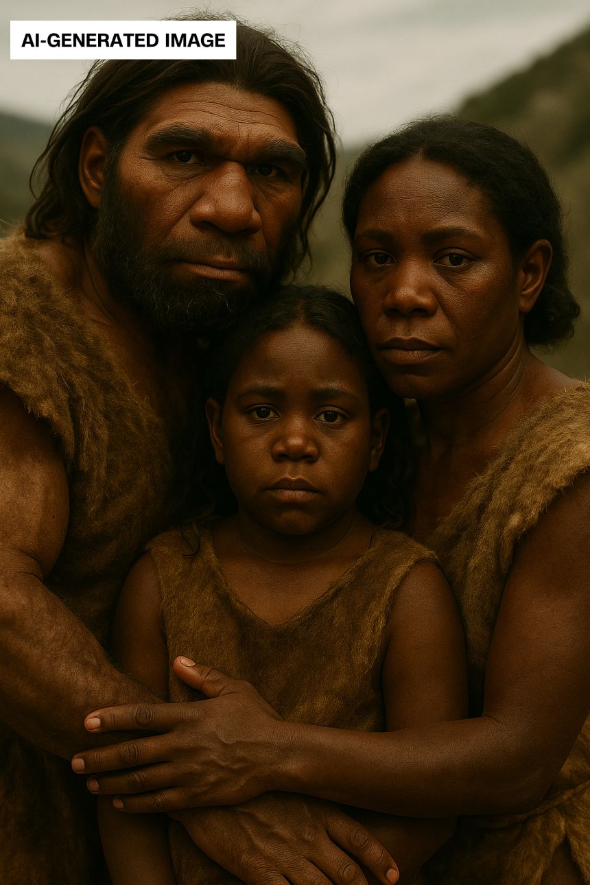 A researcher on the project used an AI software program to create an image of what a Neanderthal-Homo sapiens hybrid family might look like.