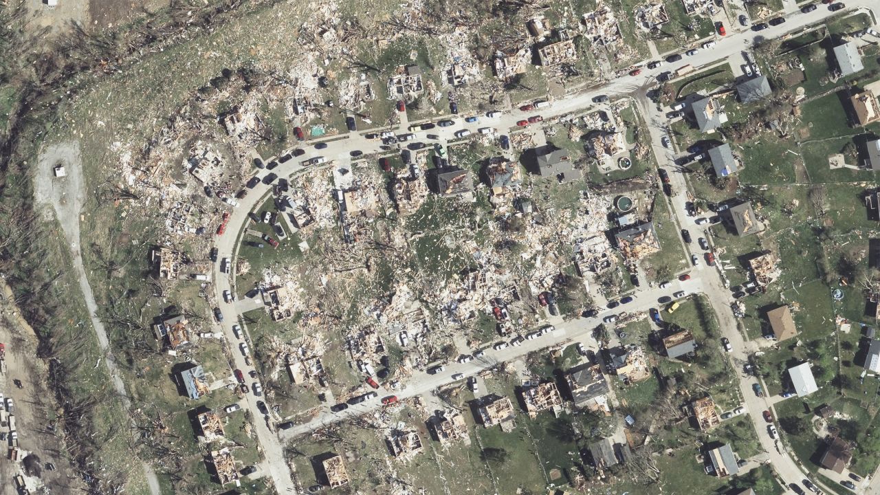 An aerial image taken from a plane shows tornado damage in Elkhorn, Nebraska, on April 27, 2024.